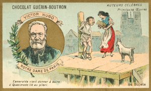 Victor Hugo, fransk författare, och en scen ur hans roman Notre Dame de Paris (chromolitho) av French School