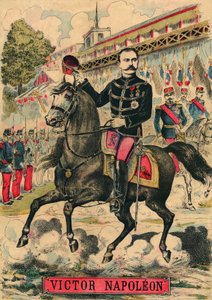 Victor Napoleon (1862-1926) i spetsen för bonapartisternas anhängare, den siste arvtagaren till Napoleon I som tvingades gå i exil efter en lag som antogs av den tredje republiken 1886. Gravyr, i "Le Figaro, supplement", den 30/03/1889, Paris. Coll. Selva. av French School