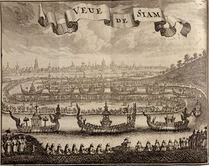 Utsikt över Ayutthaya med kungliga pråmar, från Voyage du Siam des Peres Jesuites av Guy Tachard, 1688 av French School