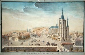 Utsikt över Dourdan av en fånge, ca 1800 (wc på papper) av French School