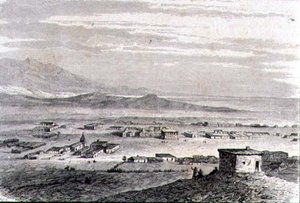 Utsikt över Los Angeles på 1860-talet (gravyr) av French School