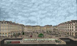 Utsikt över Palais-Royal och Rue de Rivoli med ett tvärsnitt av metropolitan järnvägsstation 1898 (färgad etsning) av French School