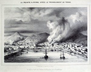 Utsikt över Pointe a Pitre (Pointe-a-Pitre) efter jordbävningen den 8/02/1843. Gravyr av 1800-talets Chartres, Musee des Beaux Arts av French School