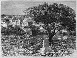 Utsikt över Safed, från Syrien idag. Reser i Fenicien, Libanon och Judéen. 1875-1880 av Louis Charles Emile Lortet, 1884 (bw gravyr) av French School