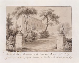 Vy över Villa Bianchetti i Croce del Biacco nära Bologna, graverad av S.A.I. efter Busatti, färgad av M. Hofer, december 1814 (färgad gravyr) av French School