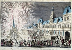 Vy över ett fyrverkeri som skjutits framför rådhuset i åternjutning av fred av French School