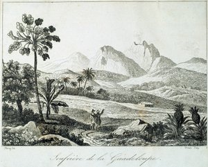 Vy över en soufriere i Guadeloupe. Gravyr från 1800-talet. Chartres, Musee des Beaux Arts av French School