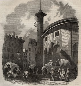 Vy över halle au ble i Paris (byggd 1763-1769) och Medici-kolonnen, gravyr från början av 1800-talet - vete- och majsbyte i Paris (byggd 1763-1769), gravyr tidigt 1800-tal - Vy över Halle au ble, placeras på nuvarande Hotel de Sois av French School
