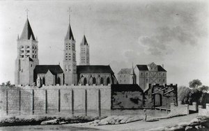 Utsikt över klostret Saint-Germain-des-Pres i början av 1400-talet (litografi) (s/v foto) av French School