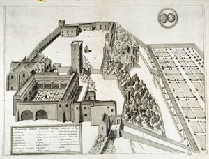Utsikt över benediktinerklostret Saint Pierre de Montmajour (eller Mont Majour), grundat 948, Arles, Frankrike (gravyr) av French School