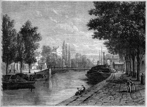 Utsikt över Canal Saint Martin, i Paris, före omvandlingarna som genomfördes av Haussmann i mitten av 1800-talet. Vy tagen på höjden av rue Saint Sebastien. Gravyr i "" Le Monde Illustré"" nr 233 den 28 september av French School