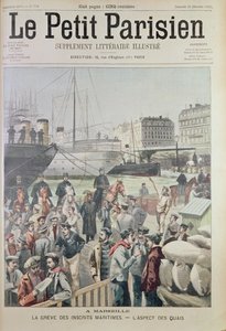 Utsikt över hamnen i Marseille under maritima strejken, från framsidan av Le Petit Parisien, 21 december 1902 av French School