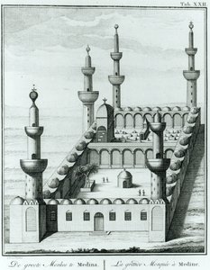 Utsikt över den stora moskén i Medina före skändningen av gravarna av wahhabi-sekten, från Description de lArabie av Carsten Niebuhr (1733-1815) publicerad 1774 av French School