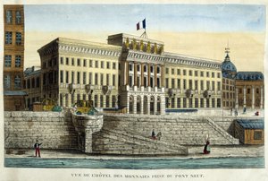 Utsikt över Hotel des Monnins från Pont Neuf - gravyr, början av 1800-talet av French School