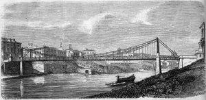 Utsikt över Saint John-bron vid floden Tibern (Tevere) i Italien, invigd 1863. Denna stålbro designades av Alphonse Oudry (1819-1869). Gravyr i "" Le Monde Illustré"" nr 349 av 19 december 1863. av French School
