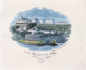 Vy över internatskolan och högskolan i Fribourg, Schweiz av French School