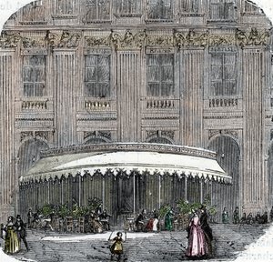 Utsikt över cafe de la Rotonde vid Palais-Royal i Paris omkring 1860 (färgad gravyr) av French School