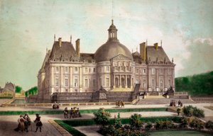 Utsikt över slottet Vaux le Vicomte (Vaux-le-Vicomte) i Maincy (Seine-et-Marne), byggt omkring 1658. Tryck från 1800-talets privatsamling av French School