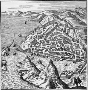 Utsikt över staden och hamnen i Marseille på 1500-talet. Gravyr i "La Marine et les colonies: handel" av French School