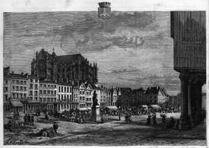 Utsikt över staden Beauvais i Oise. Gravyr från 1880 i "La republique illustree"" privat samling. av French School