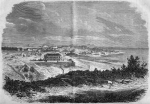 Utsikt över staden Biarritz, Pyrenéerna Atlanten (64) 1858. Gravyr i "" Le Monde Illustré"" nr 75 av 18 september 1858. av French School