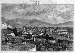 Utsikt över staden Chambery i Savojen. Gravyr från 1880 i "La republique illustree"" privat samling. av French School