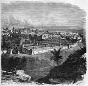 Utsikt över staden Jerusalem före förstörelsen av templet. Gravyr i "Histoire des Papes-Rois-Queen and Empereurs a travers les centuries"" av Maurice Lachatre av French School