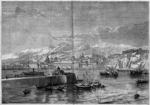 Utsikt över staden Messina (Messina eller Missina). Sicilien, Italien av French School