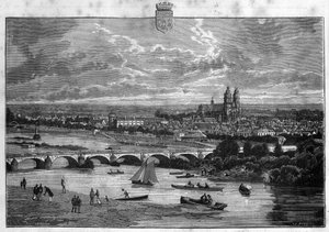 Utsikt över staden Tours i Indre et Loire. Gravyr från 1880 i "La republique illustree"" privat samling. av French School