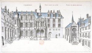 Utsikt över innergården och kapellet i Chantilly (penna, bläck & wc på papper) av French School