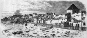 Utsikt över stadsdelen Kastrich, i Mainz (Tyskland), efter explosionen av krutdurken 1857. Från ett fotografi. Gravyr i "" Le Monde Illustré"" nr 36 av 19 december 1857. av French School