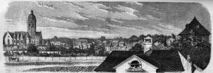 Utsikt över stadsdelen Kastrich i Mainz (Tyskland), före explosionen av krutdurken 1857. Från ett fotografi. Gravyr i "" Le Monde Illustré"" nr 36 av 19 december 1857. av French School