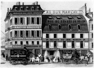 Vy över utsidan av Bon Marché Stores, rue de Sèvres, Paris, ca 1869 av French School