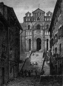 Utsikt över fasaden på katedralen Notre Dame du Puy en Velay (Puy-en-Velay), Haute Loire (43) av French School