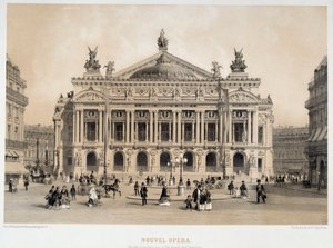 Vy över fasaden av Opera Garnier i Paris med utsikt över Boulevard des Capucines. Från 1800-talets akvarell Paris, Musee Carnavalet av French School