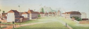 Utsikt över infanteribarackerna i Cayenne, Franska Guyana, ca. 1840 (wc på papper) av French School