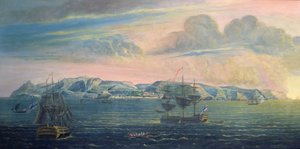Utsikt över ön St. Helena, ca 1820 (wc och gouache på papper) (se även 182638) av French School