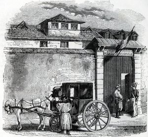 Utsikt över nationalgardets gamla arresthus känt som Hotel des Beans i Paris (nationalgardets fängelse i Paris) av French School