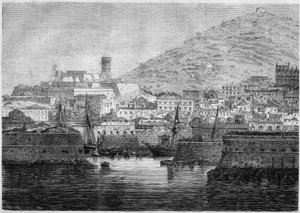 Utsikt över hamnen och staden Gaete (Gaeta), Italien av French School