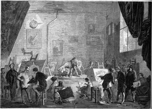 Utsikt över målaren Gustave Courbets (1819-1877) ateljé, rue Notre Dame des Champs i Paris av French School