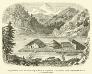 Gallisk by på pålar, inte långt från byn Meilen, vid Zürichsjön (gravyr) av French School