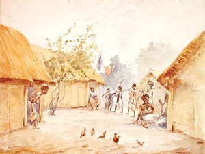 By på Madagaskar vid tiden för dess erövring av Frankrike 1895-96 (akvarell på papper) av French School