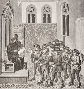 Skurkar som tar emot sina Lords Orders innan de går till jobbet, efter en miniatyr i ett 1400-talsmanuskript, från Le Moyen Age et La Renaissance av Paul Lacroix (1806-84) publicerad 1847 av French School