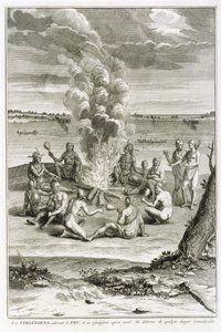 Virginians dyrkar eld och glädje efter att ha befriats från betydande fara, illustration från religiösa ceremonier och seder, graverad av Bernard Picart (1673-1733) 1721 av French School