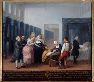 Monsieur och Madame Neckers besök på välgörenhetshospitalet Detta är ett sjukhus (nuvarande Neckersjukhuset i Paris) grundat av ministern och hans hustru, hustru till Lettres 1778. Målning av den franska skolan. 1700-talet. Paris, Musee de l