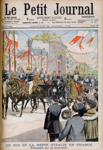 Besök av kungen och drottningen av Italien i Frankrike. Kungen och drottningen av Italien i Frankrike. Promenad på boulevarderna med Frankrikes president Emile Loubet - Illustration för Le petit Journal, 25 oktober 1903 - Victor Emmanuel III (Victor-Emma av French School