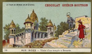 Besök i ett tempel i Benares, Indien (chromolitho) av French School