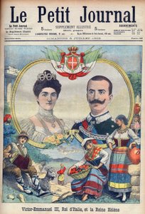 Vittorio Emanuele III di Savoia och Elena di Savoia - kung Victor Emmanuel III och drottning Elena av Italien. Victor Emmanuel III, kung av Italien, och drottning Helene. Illustration för Le petit Journal, 5 juli 1903. av French School