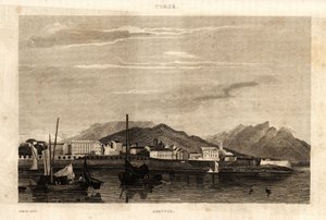 Vy över Ajaccio, Korsika, gravyr från 1836. av French School