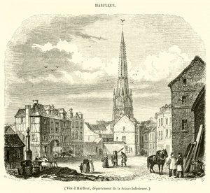 Utsikt över Harfleur, departementet Seine-Inferieure (gravyr) av French School
